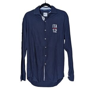 Boggi Milano‎ Men's Shirt L Navy Blue Long Sleeve Embroidered Patches Italy